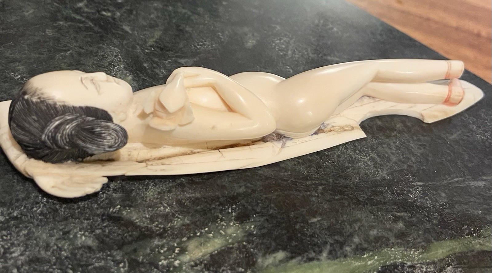 Antique Chinese carved Woman Diagnostic Doctor Doll. Holding Lotus Repaired.