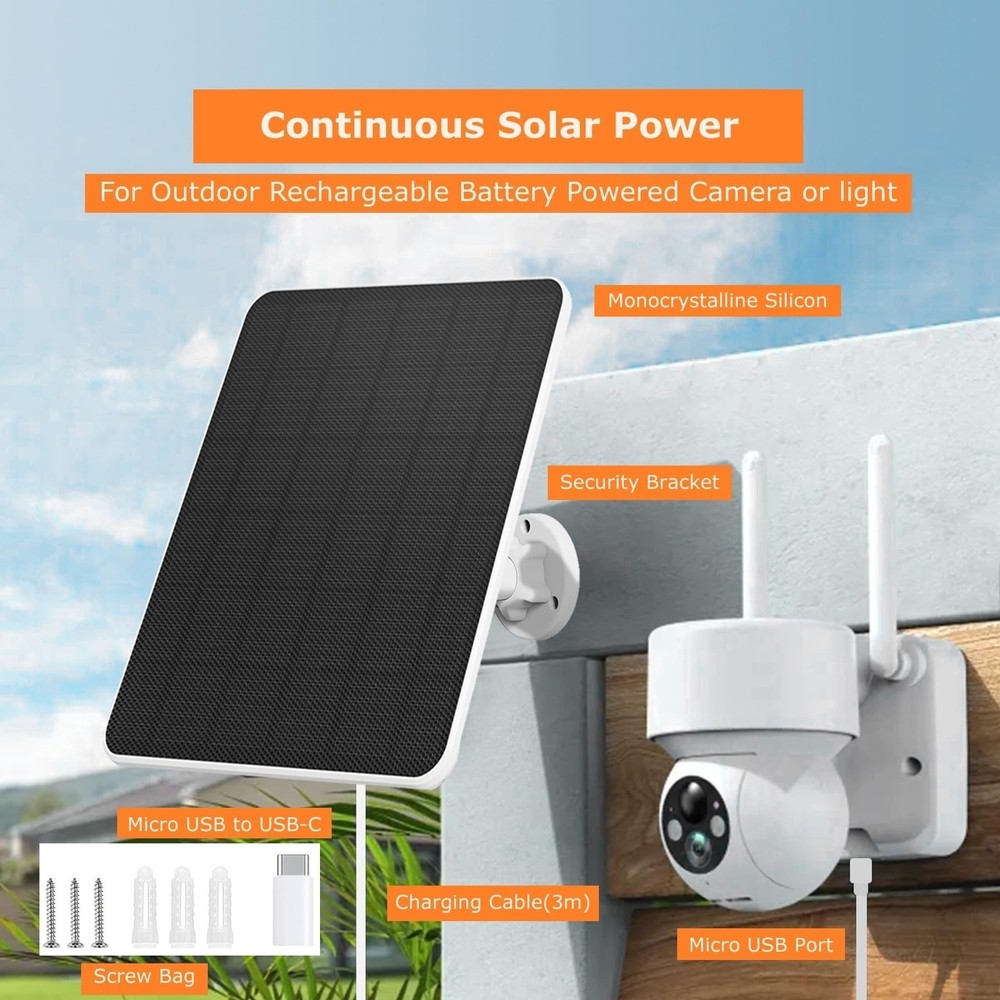 Solar Panel for Security Camera, 6W Solar Panel Micro USB & USB-C for Outdoor...