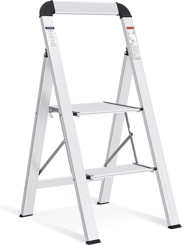Portable Silver Step Ladder, 2-Step Design with Handrail for Easy Storage