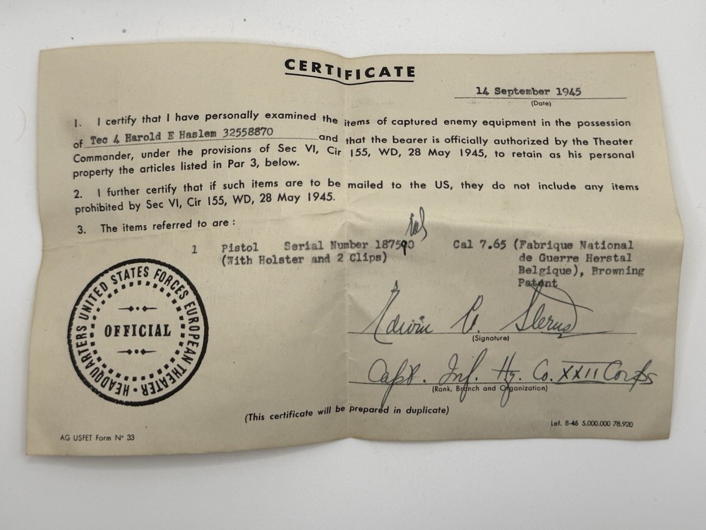 WWII US Army Bring-Back Certificate