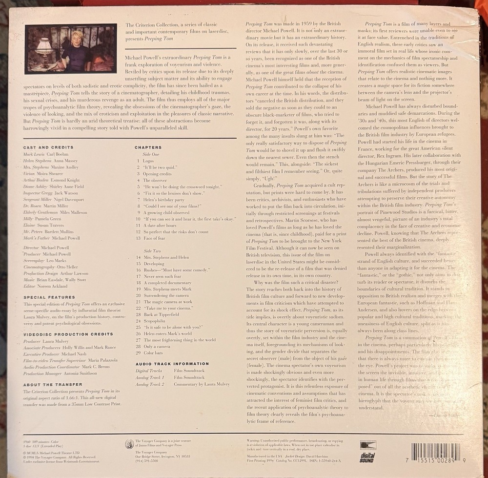 PEEPING TOM Criterion Laserdisc LD WIDESCREEN EXCELLENT CONDITION W/COMMENTARY!