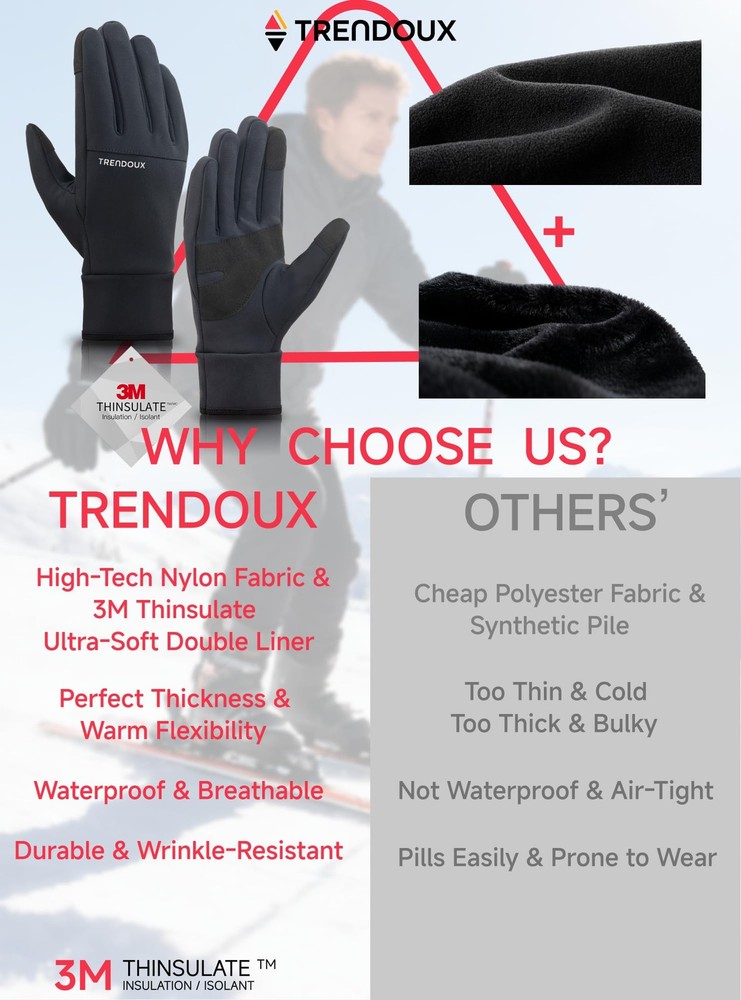 TRENDOUX Touchscreen Fingers Thin Warm Black Tech Winter Gloves Small,