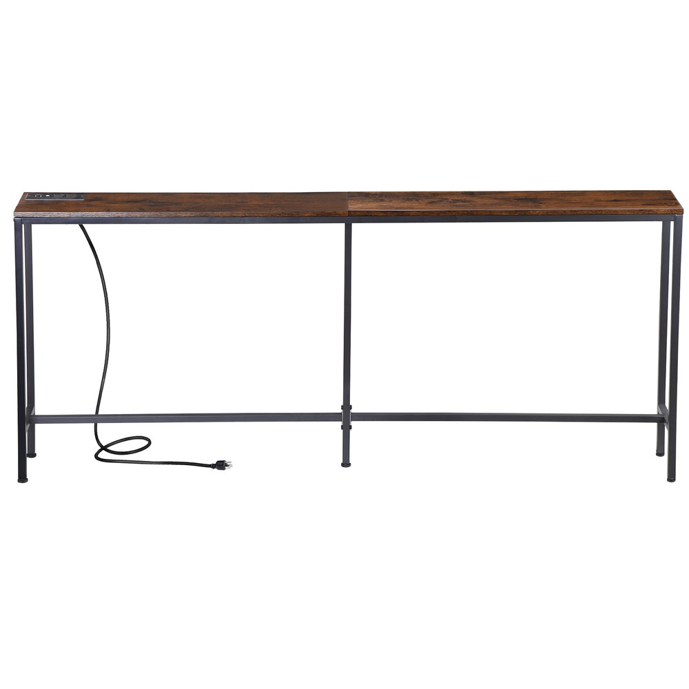 70" Narrow Console Table with Outlet Sofa Table w/ Charging Station Rustic Brown