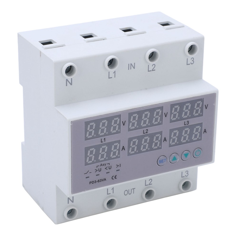 3Phase DIN Rail Voltmeter Ammeter Automatic Overvoltage Overcurrent Protector63A