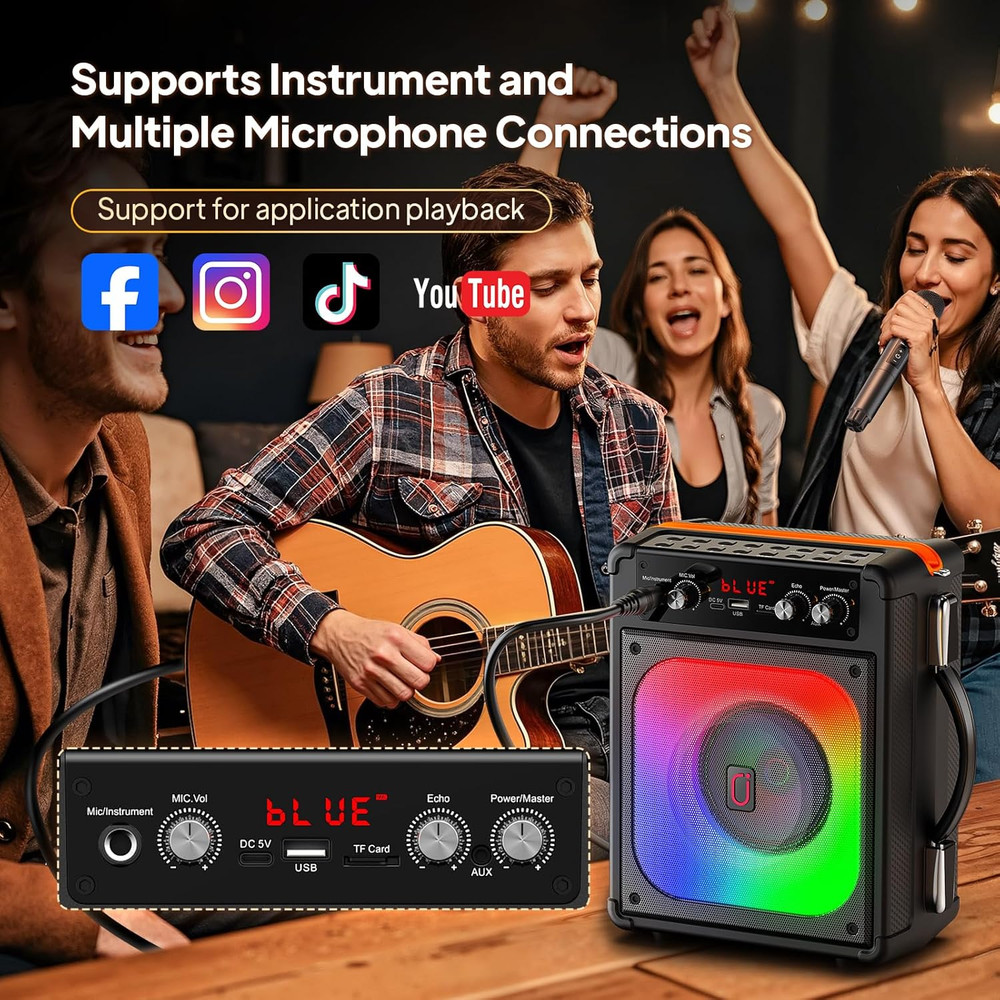 Karaoke Machine, Portable Bluetooth Speaker with 2 Wireless Microphones for Adul