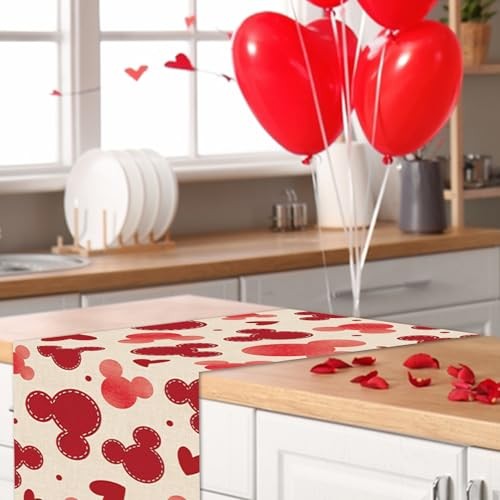 Valentines Table Runner, Hello Love Red Hearts Kitchen Dining Table