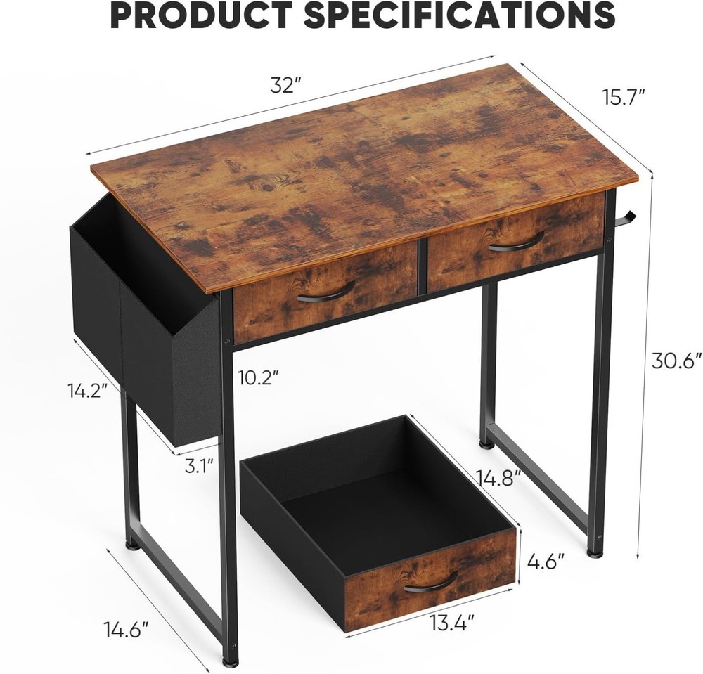 32 Inch Computer Desk with Drawers Small Writing Study Table Storage Bag Hook Br