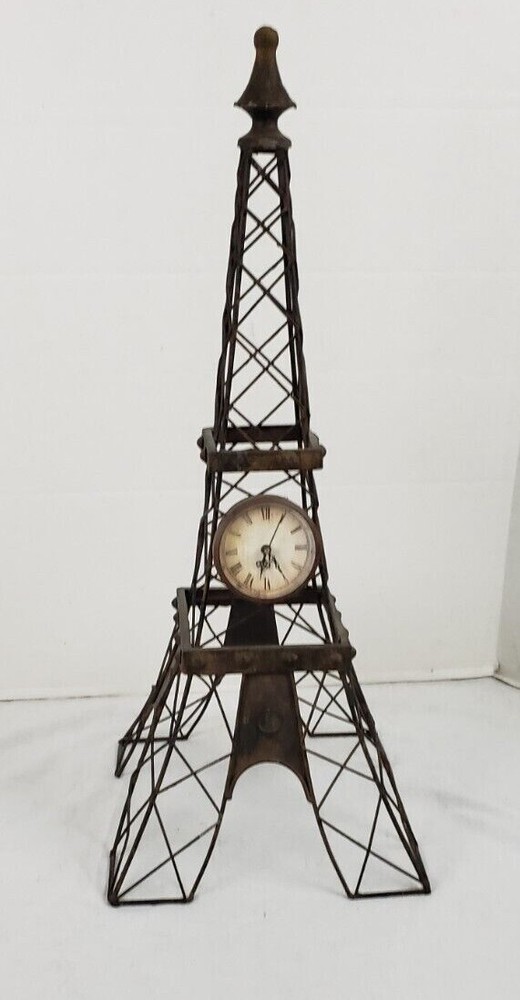 Eiffel Tower Wire Sculpture Statue with Working Clock 25" Rustic