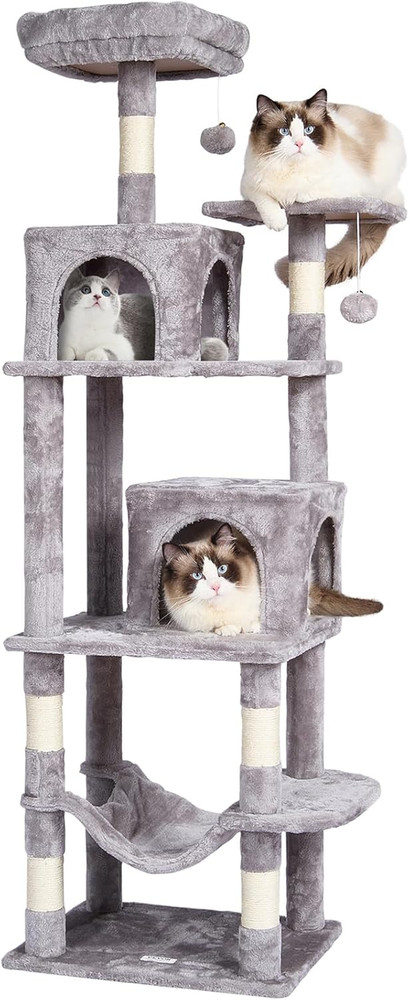 Deluxe 63" Cat Tree with Condos, Hammock, Scratching Post & Perch - Light Grey