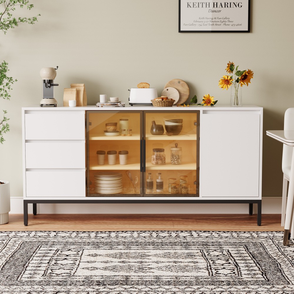 White Buffet Cabinet - Storage, Doors + 3 Drawers, Pantry/Console for Kitchen