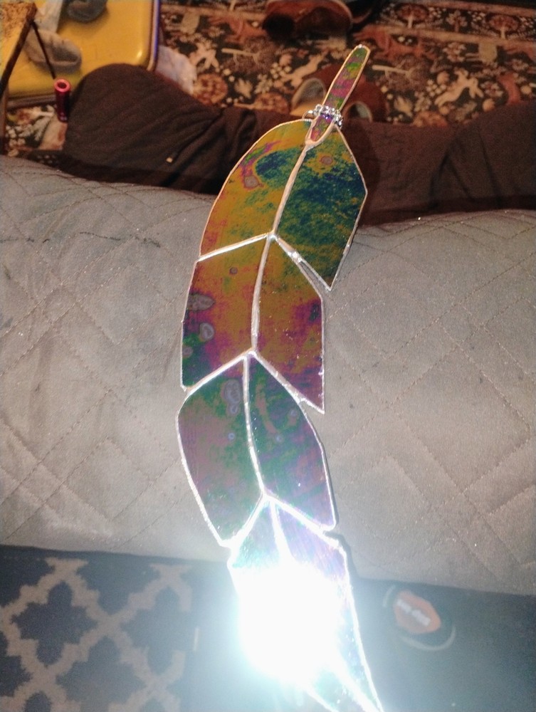 Handmade Stained Glass Feather Suncatcher Multicolor Decorative Hanging Panel