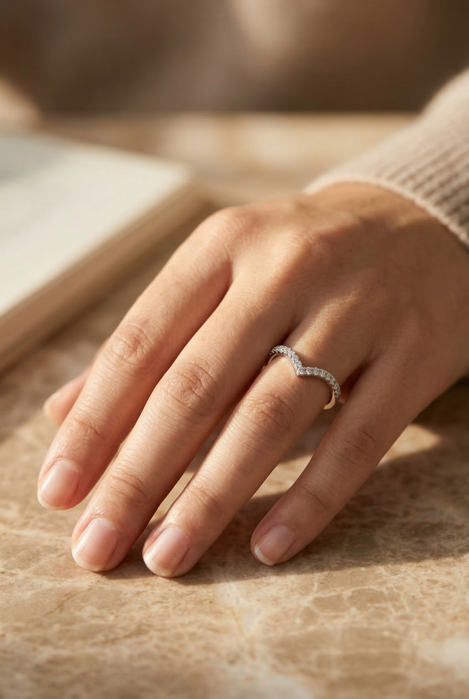 V Shaped Ring | Solid Silver Chevron Ring | | Thin Pave Wishbone Stacking Band