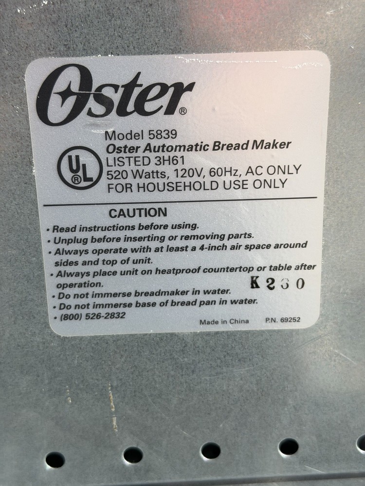 Oster 5839 Automatic Bread Maker Machine 520W 120V – No Bread Pan
