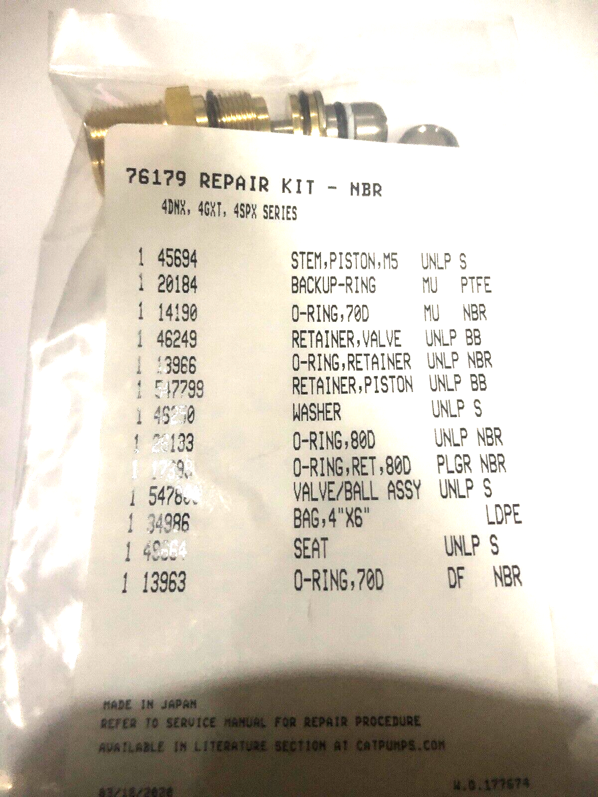 CAT PUMPS 76179 INTEGRAL UNLOADER REPAIR KIT 4DNX,4GXT 4SPX (OEM Part)