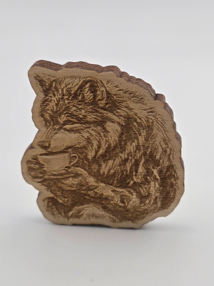 Wolf drinking coffee Magnet Laser Engraved Baltic Birch Fridge Decor