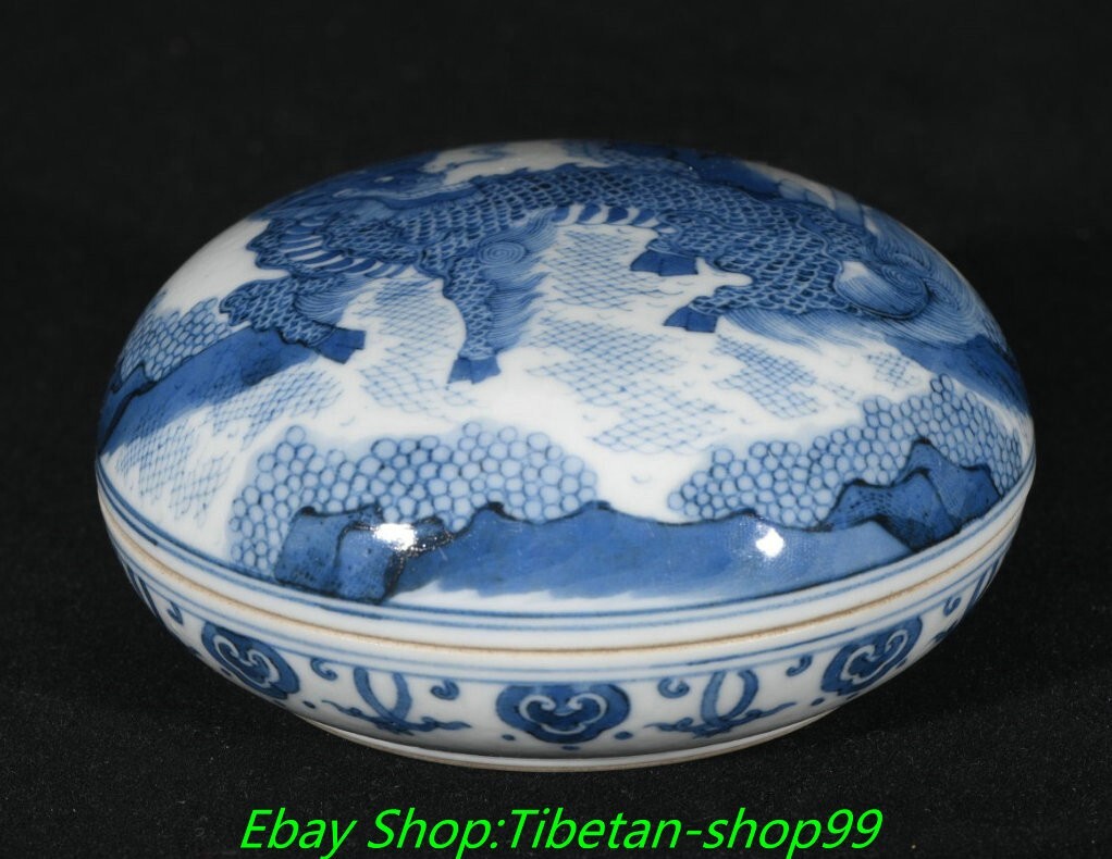 3.5''Qing Kangxi Marked Blue White Porcelain kylin Dragon unicorn Box Case
