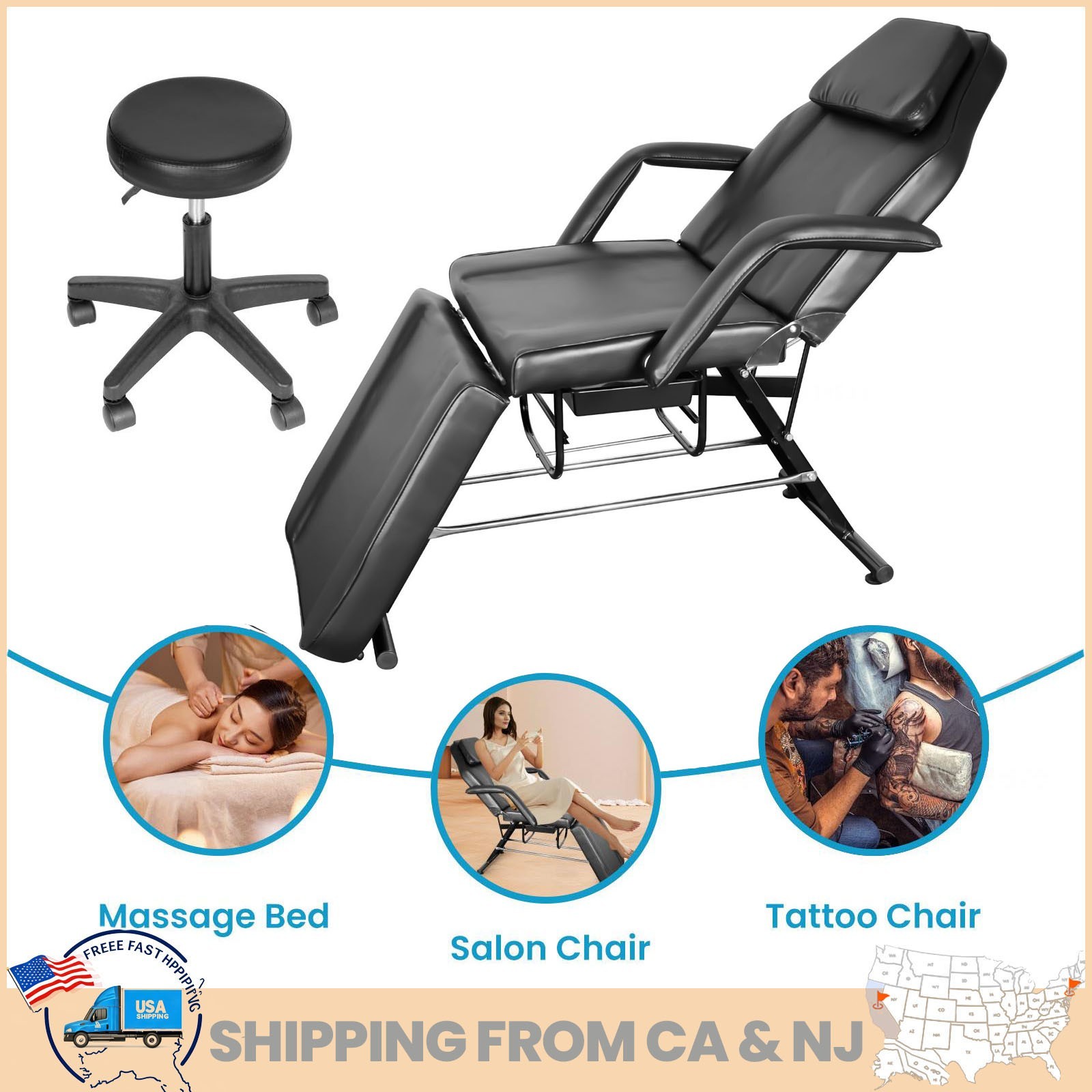 881LB Tattoo Bed Swivel Aesthetician Chair Folding Salon Massage Bed w/Spa Stool