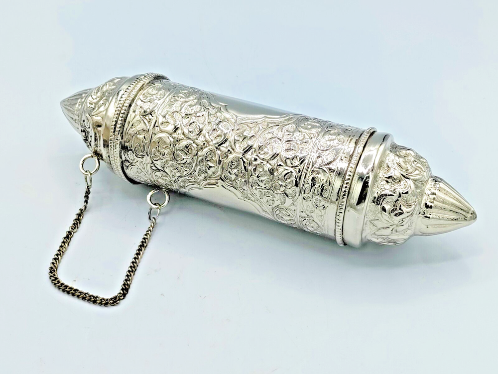 Prayer Scroll Secret Message Holder Silverplate Repousse Metalwork