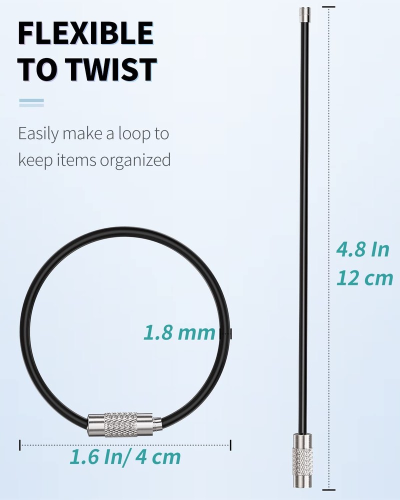 Uniclife 4 Inch Black Wire Keychain Cable Large 12 Pack(Black),