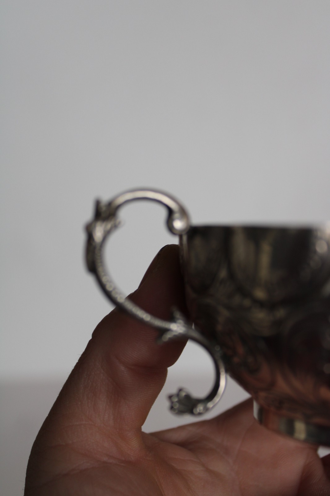 Antique 19th Century Silver Portuguese Bernegal Repousse Handled Religious Cup