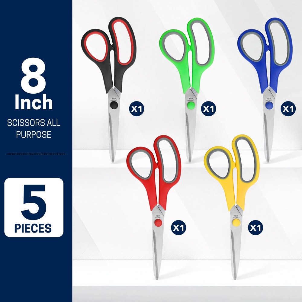 5Pack, 8" Scissors All Purpose ComfortGrip Handles Sharp Scissors for Office ...