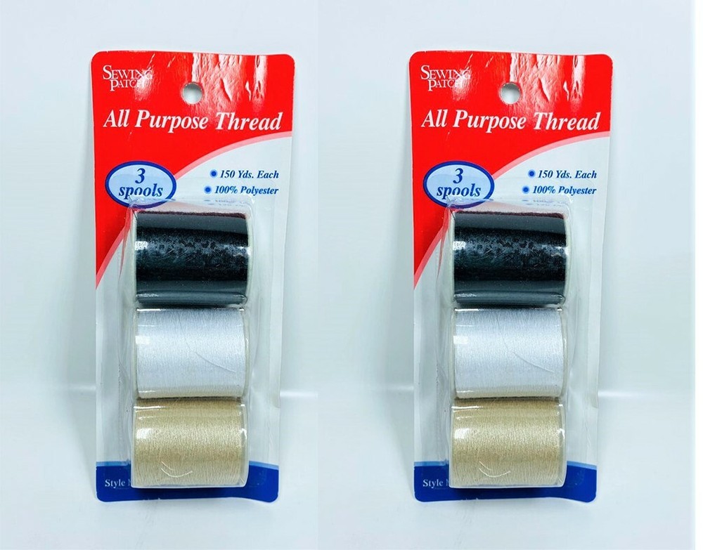 2 pk Allary #409 100% Polyester All Purpose Thread, 3 Spool (Wht,Blk,Beige)