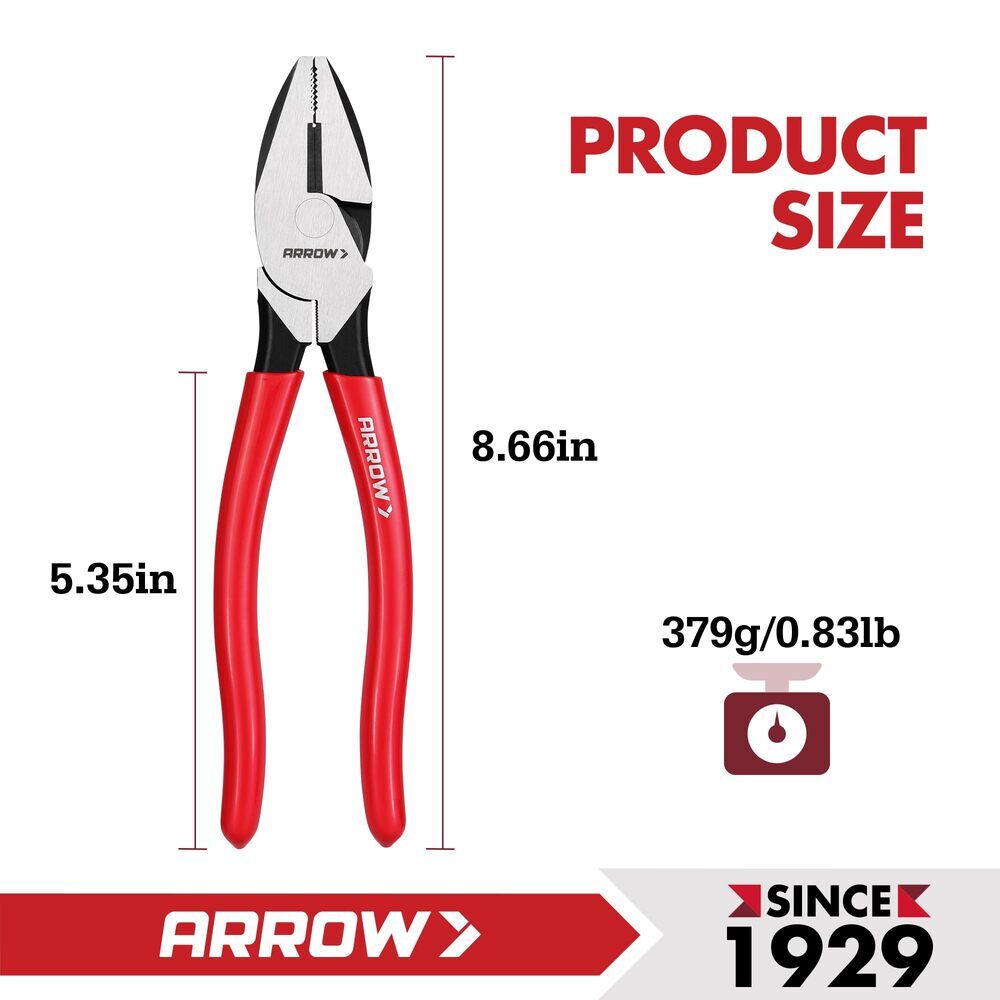 ARROW 8" High Leverage Linesman Pliers Sharp Edge Side Cutters Plier for Cutting
