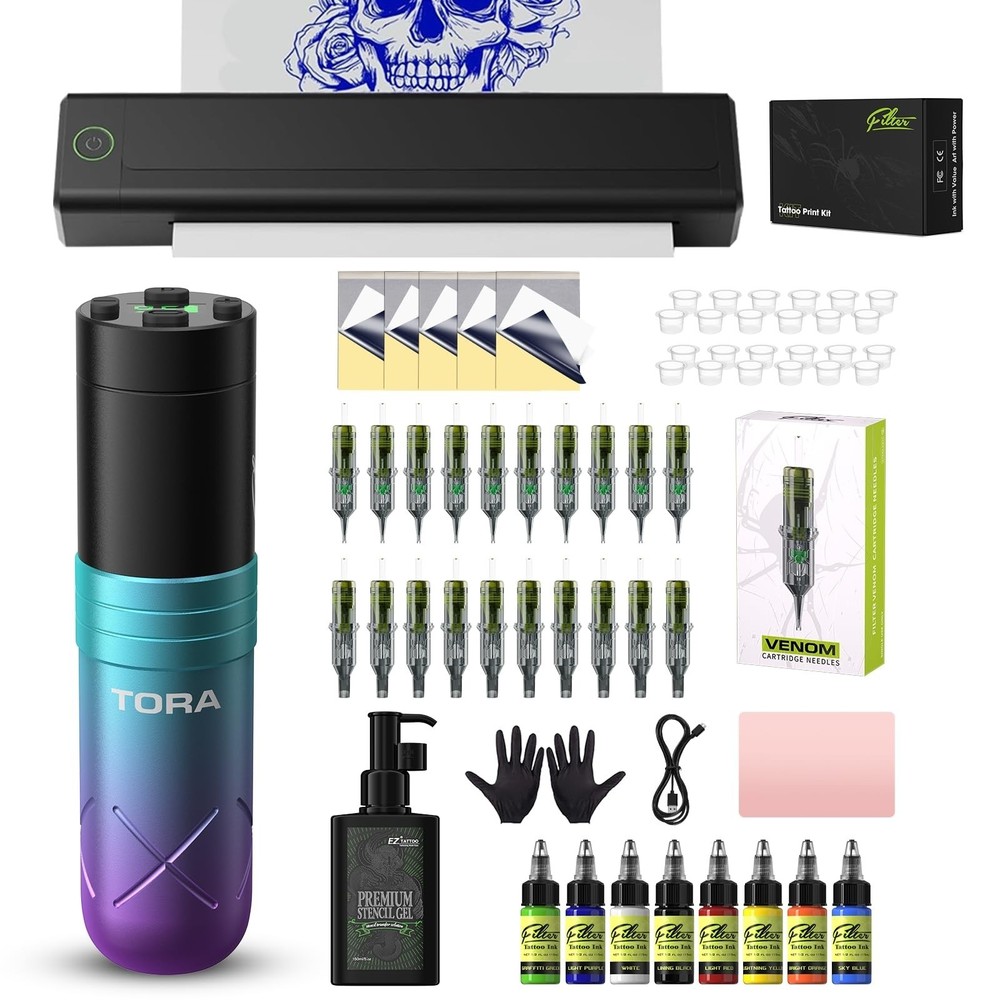 Filter Tattoo Printer Kit - Stencil Printer Machine with Tattoo Gun, 20Pcs Ta...