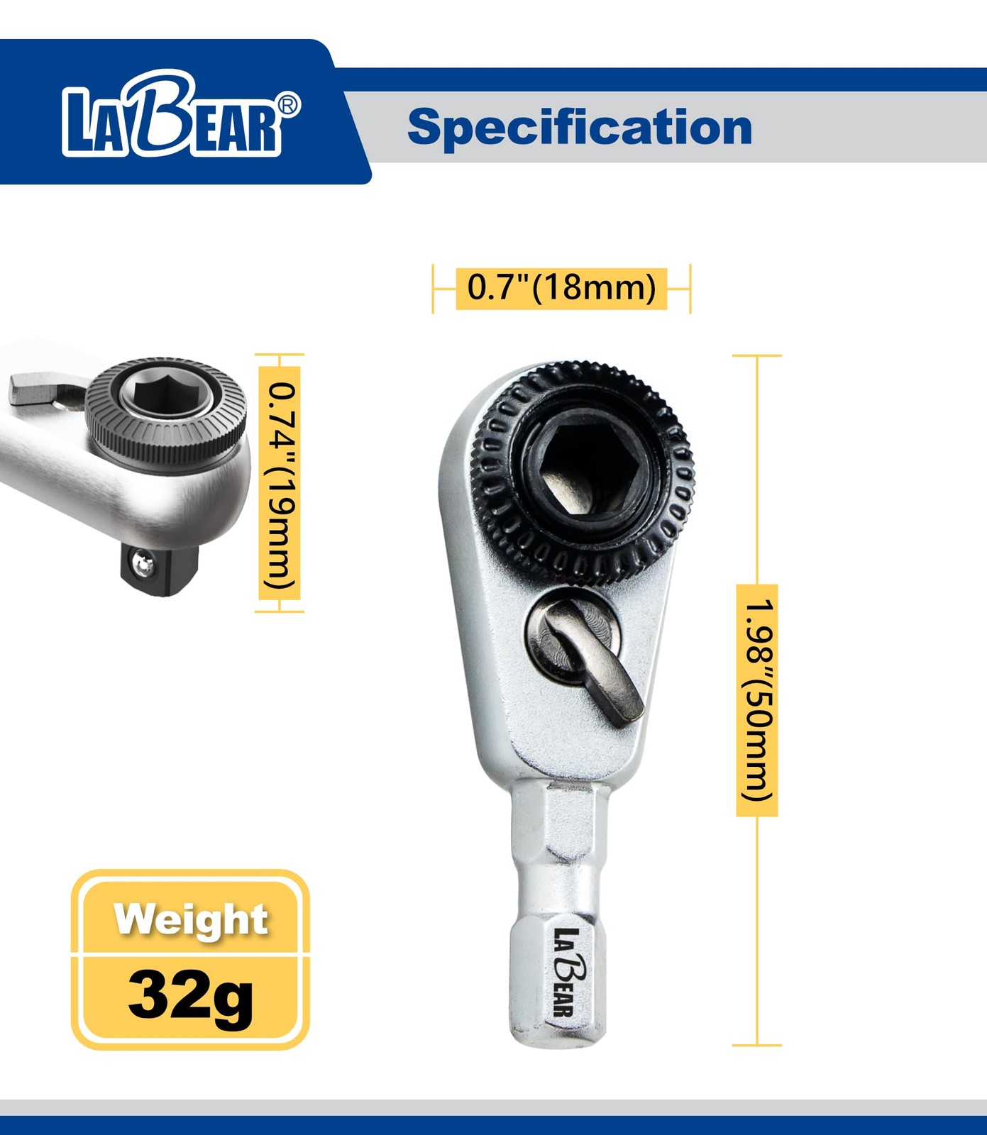 LABEAR 2-in-1 Mini Ratchet Wrench Adapter, Magnetic 1/4" Hex Bit Silver