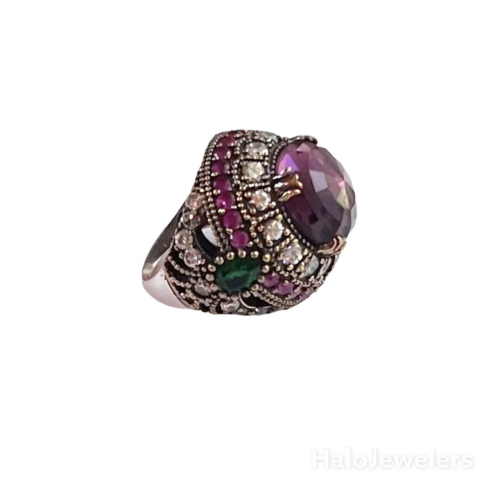 Handmade 925 Sterling Silver Round Amethyst with Rubies & Emerald Statement Ring