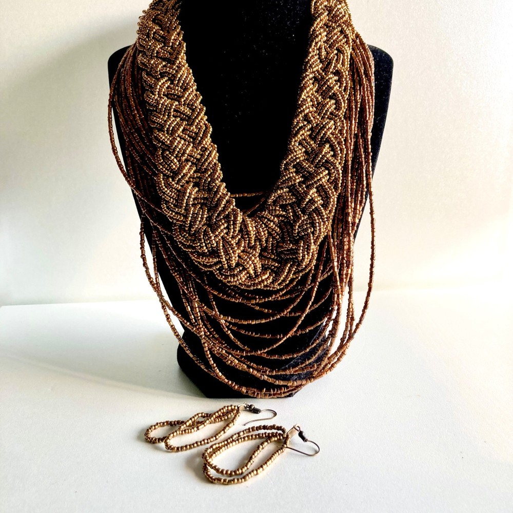 multi-strand necklace  braided seed bead bronze beaded layers