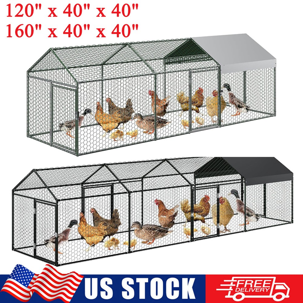 Large Metal Chicken Coop Walk-in Hen House w/Cover Poultry Cage Chicken Run Yard