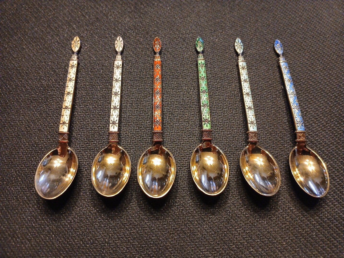 J TOSTRUP ~ Norway ~ Set of 6 Sterling Silver Enamel Demitasse Spoons - Nice!