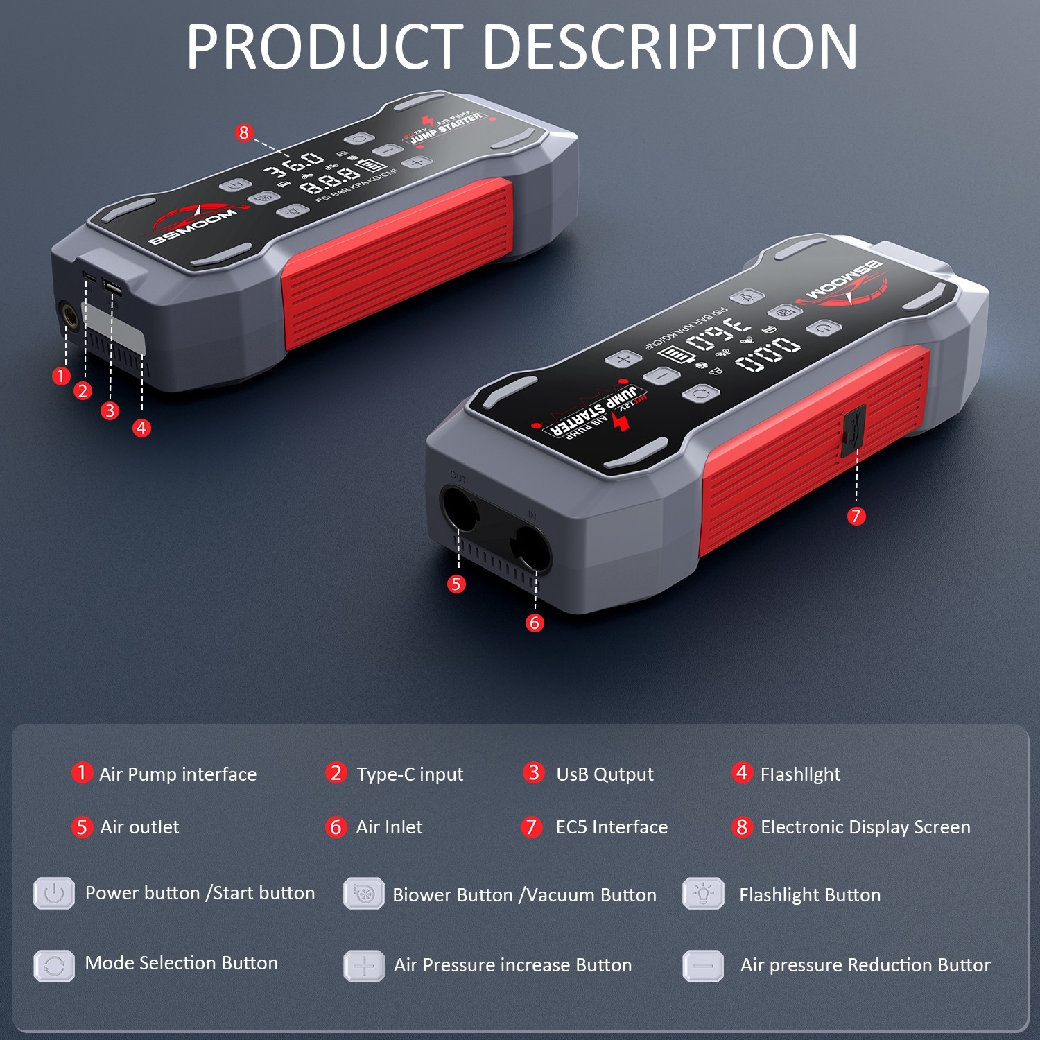12V 9000A Jump Starter with Air Compressor Portable Power Bank & Tire Inflator