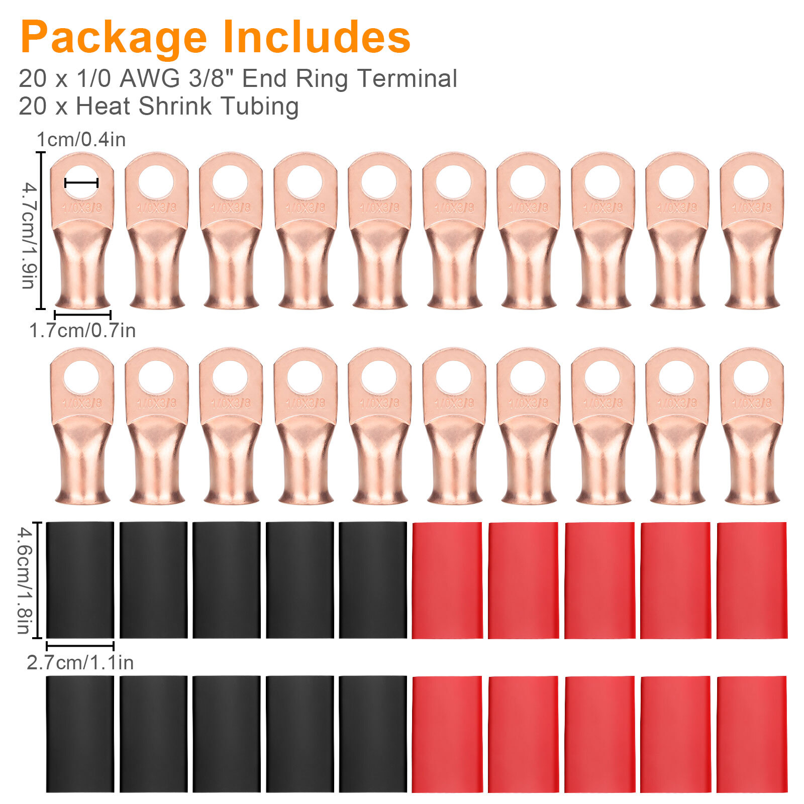 40 pcs 1/0 AWG Gauge Copper Lugs w/RED & BLACK Heat Shrink Ring Terminals Set US