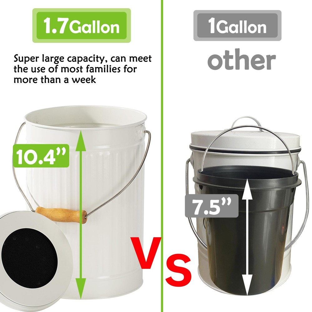 Compost Bin 1.7 Gallon Indoor Countertop Kitchen With Lid 100% Rust Proof Bucket