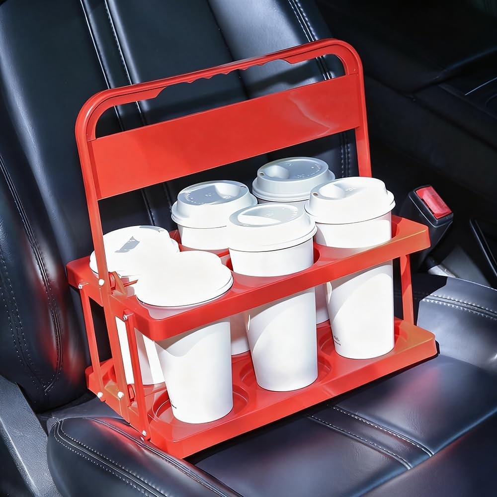 Reusable Drink Carrier with Handle for Doordash, Eats, Grubhub, 6 cups, Red