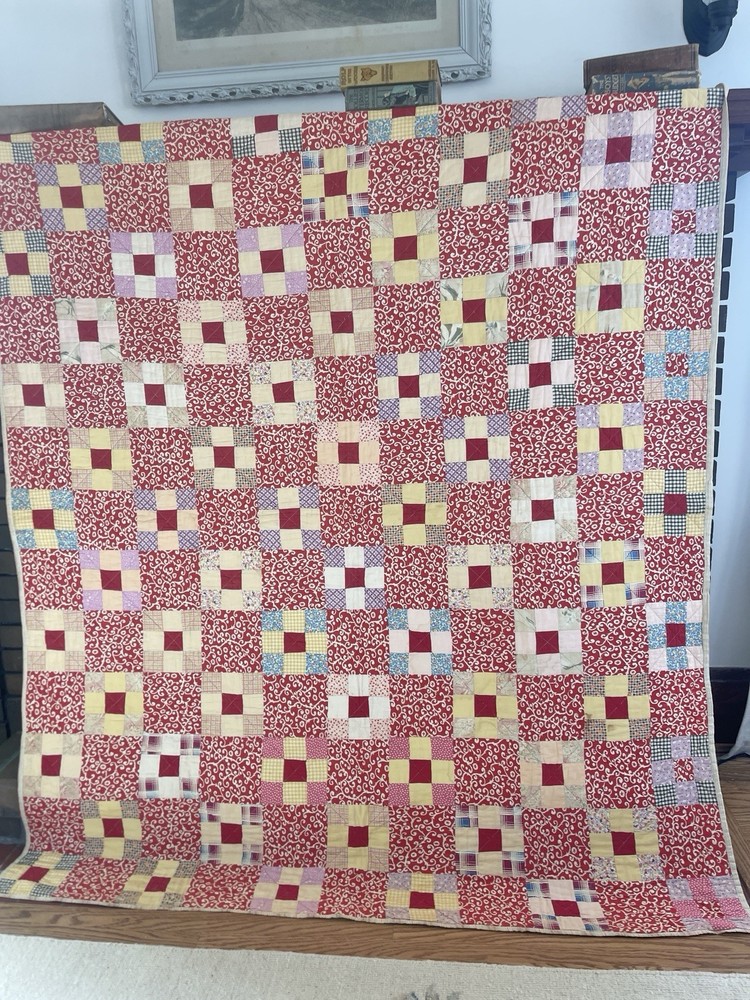 Vintage Red Calico Feedsack Patchwork Quilt Blanket Nine Patch 1900s Beautiful