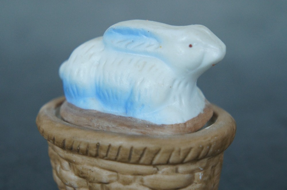 Vintage Bisque Easter Bunny Rabbit Lidded Basket Keepsake Trinket Box 2.5"