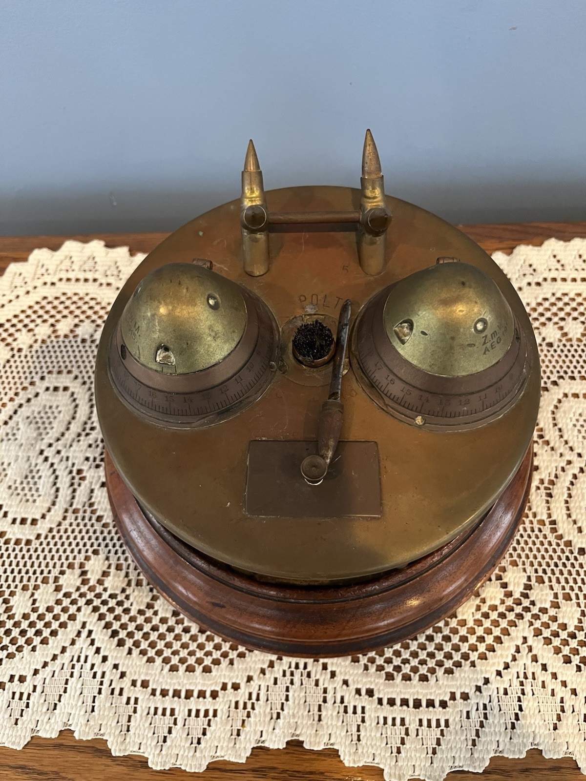 Antique WWI German Trench Art Desk Set Artillery Shell Fuse Ink Wells/Pen Holder