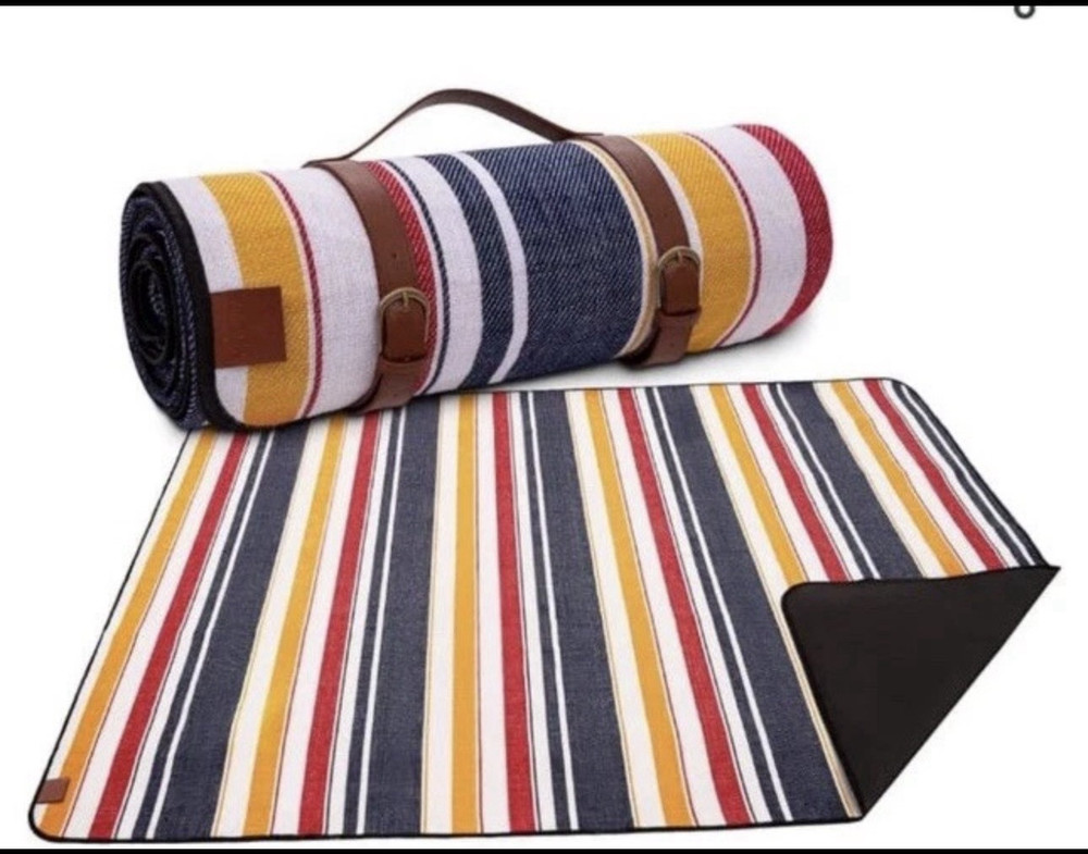 Multicolor Striped Foldable Picnic Blanket with Carry Handle