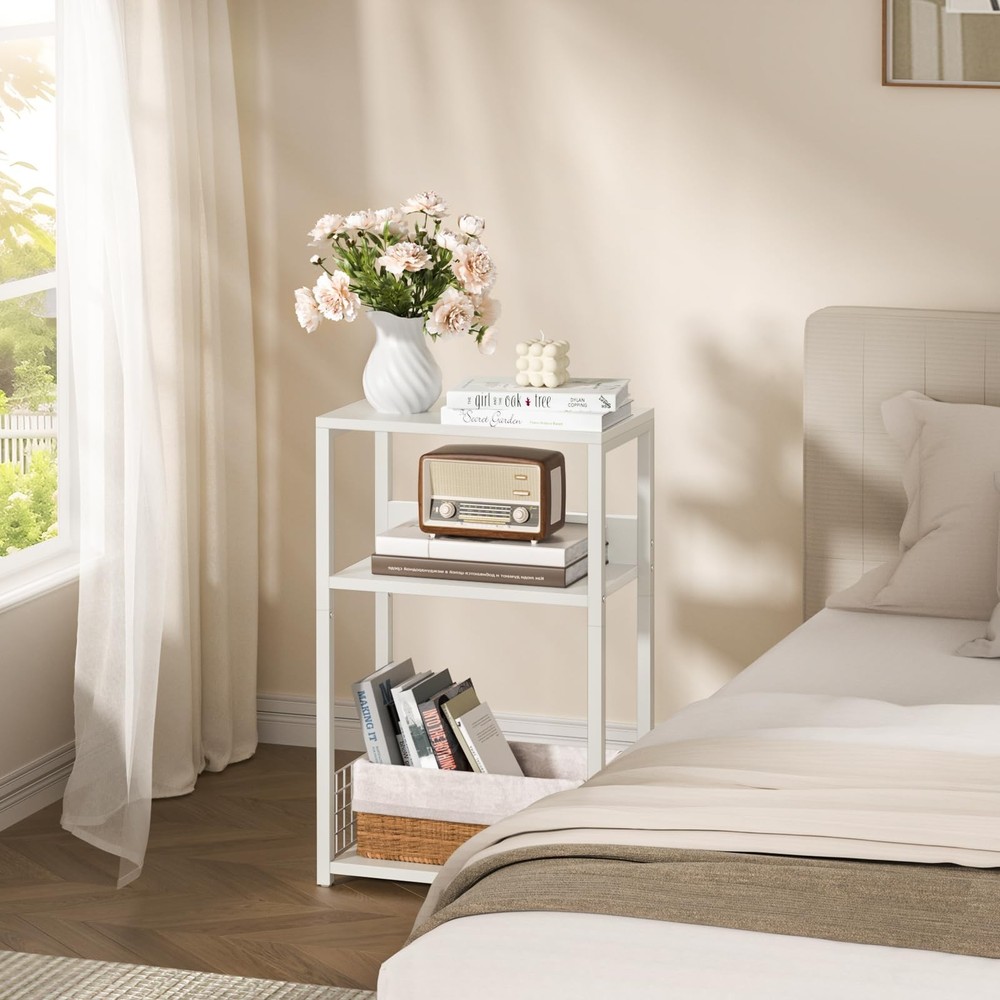 White Side Table,Small Printer Stand with Storage Shelf,3 Tier Industrial Bed...