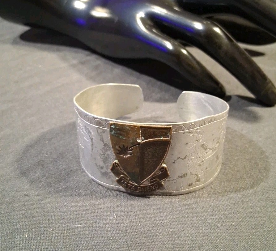 WWII 1943-44~US Navy~Engraved Trench Art Bracelet Cuff Hula Lady South Pacific