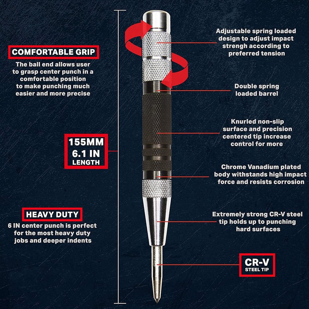 Automatic CENTER PUNCH Tool Adjustable Spring Loaded Super Strong Metal Drill