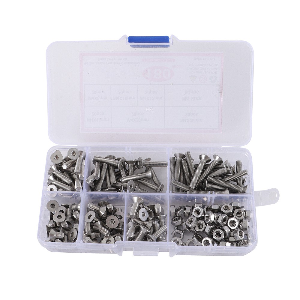 Metric M4 Hex Socket Flat Head Countersunk Bolts Screw Nut Assortment Kit 180Pcs