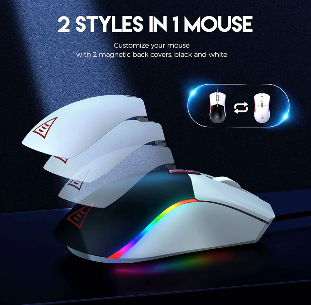 EKSA Gaming Mouse, Customizable Black & White Computer Mouse, Ergonomic Mouse
