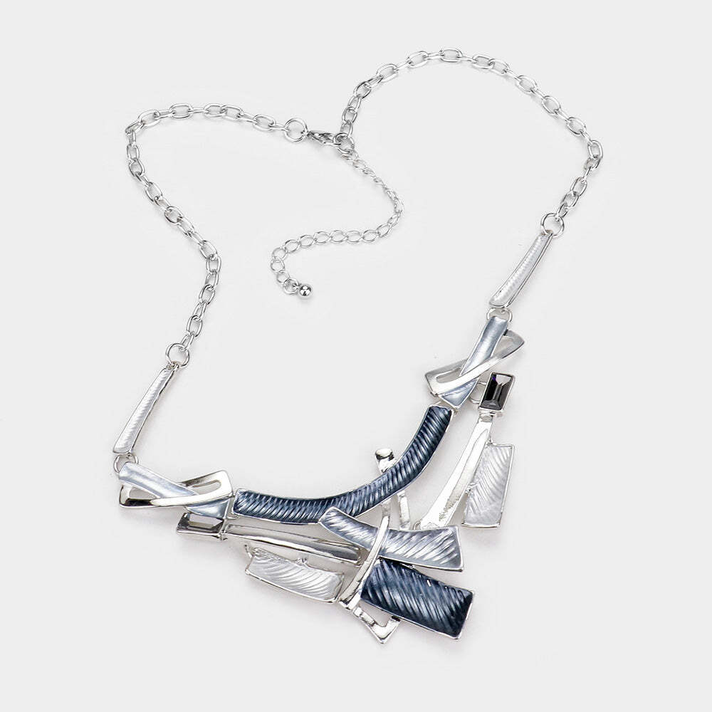 Pierced silver & gray abstract necklace and earring set