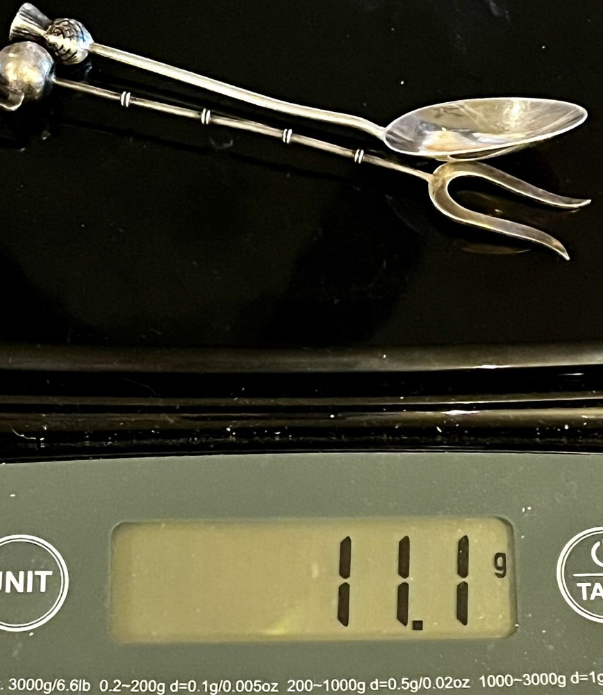800 Silver Demitasse Pickle Fork & Sugar Spoon Tea Kettle Pineapple Finials Pair
