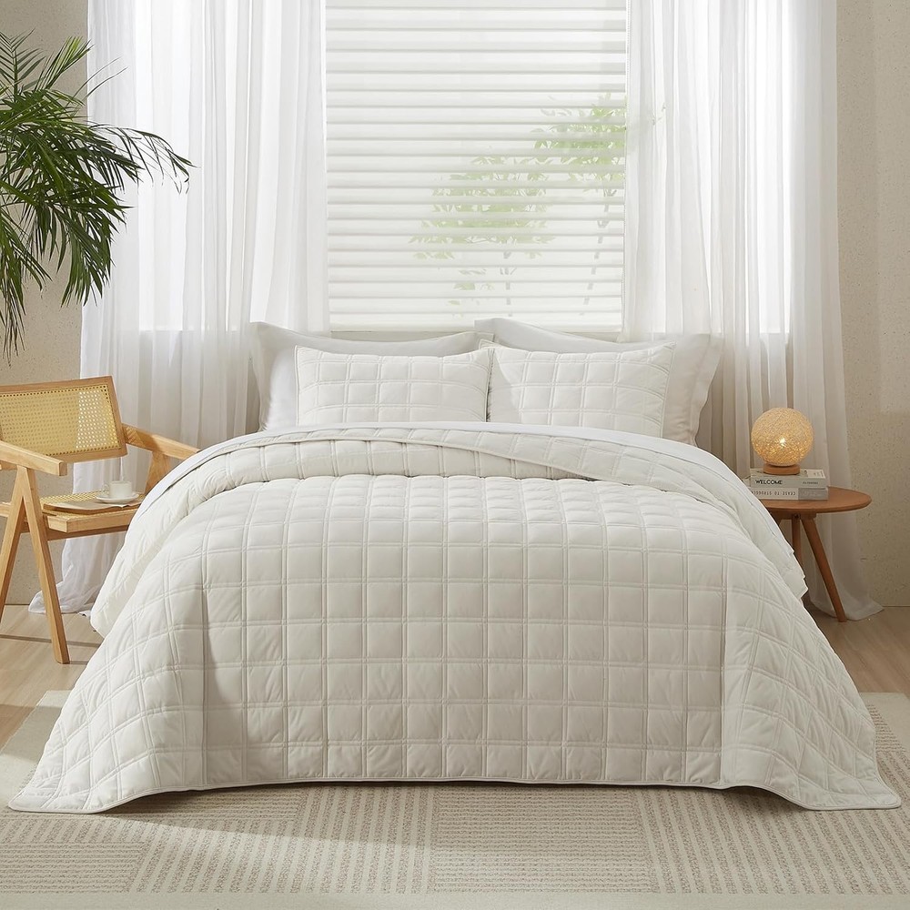 Three-Piece Cream White Set Includes 1 Quilted Comforter and 2 Pillowcases