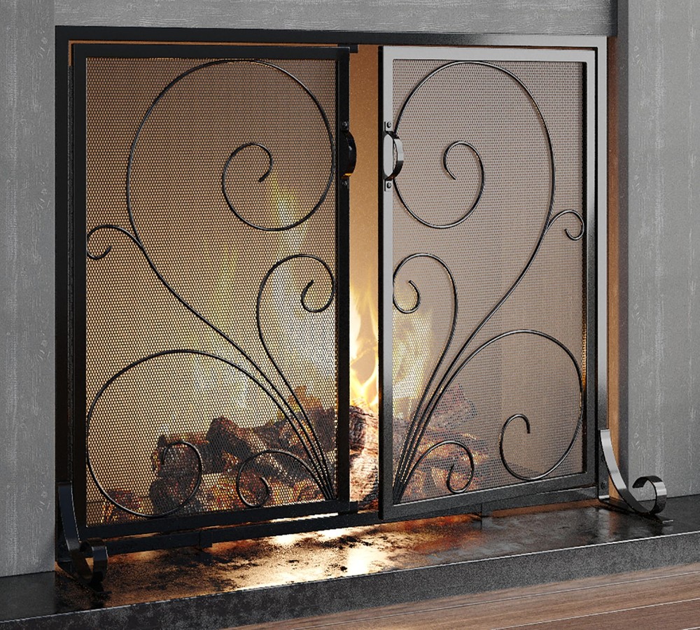 Flat Fireplace Screen with Doors,Solid Wrought Iron Frame with Metal Mesh, Fl...